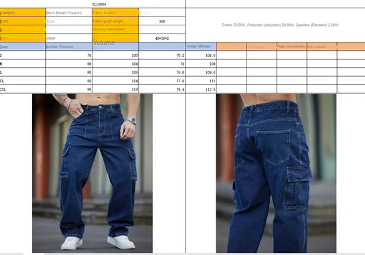 Men's Deep Blue Washed Denim Workwear Jeans Casual Multiple Pockets Design Loose Wide Leg Trousers Y2K Style Cargo Pants