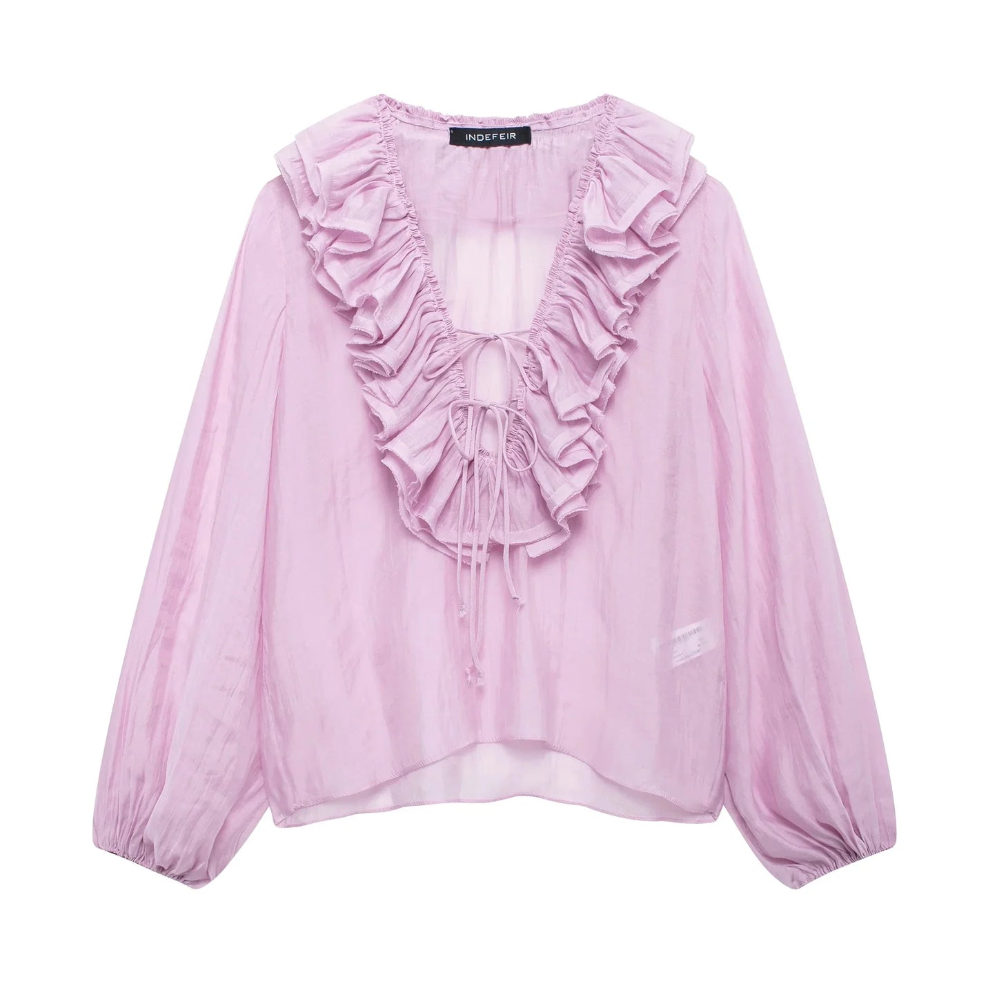 Elegant Women's Retro V-neck Ruffle Trim Long Sleeve Shirt 2025 Summer Casual Top Women's Fashion Translucent Thin Shirt