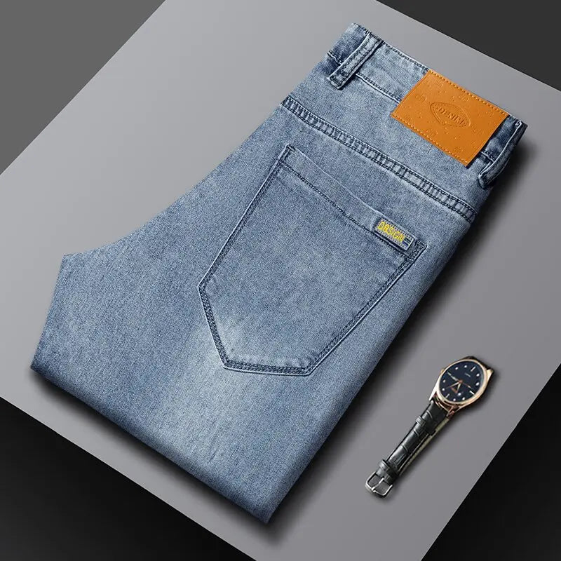 Spring/Autumn Fashion Trendy Solid Color Straight Leg Stretch Denim Pants Men's Casual Loose Fit Sports High Quality Trousers