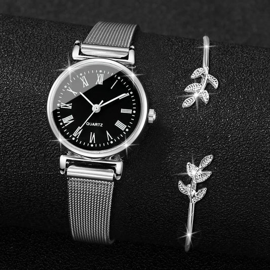 2PCS Fashion Women Quartz Watch Steel Mesh Band Watches Opening Cuff Bracelet Bangle Set(Without Box)