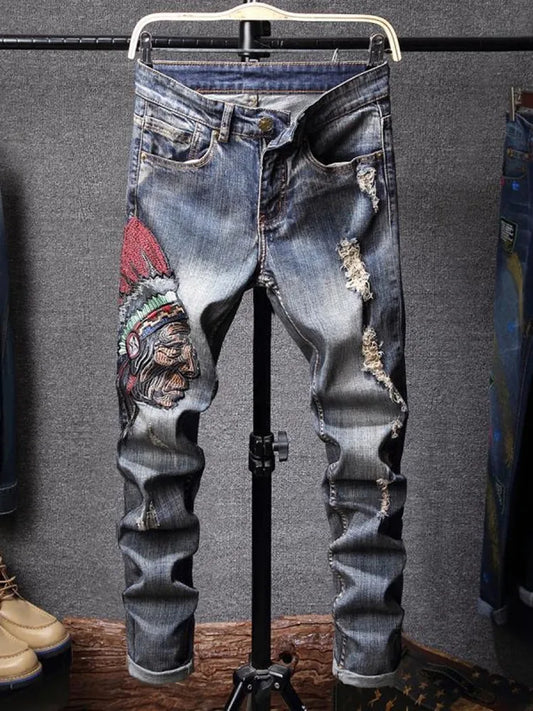 Spring and Autumn fashion trend printed straight-leg stretch denim jeans for men comfortable casual sports high-quality jeans