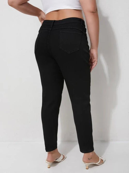 Plus Size Black Jeans Mid rise Ankle length Denim Trousers