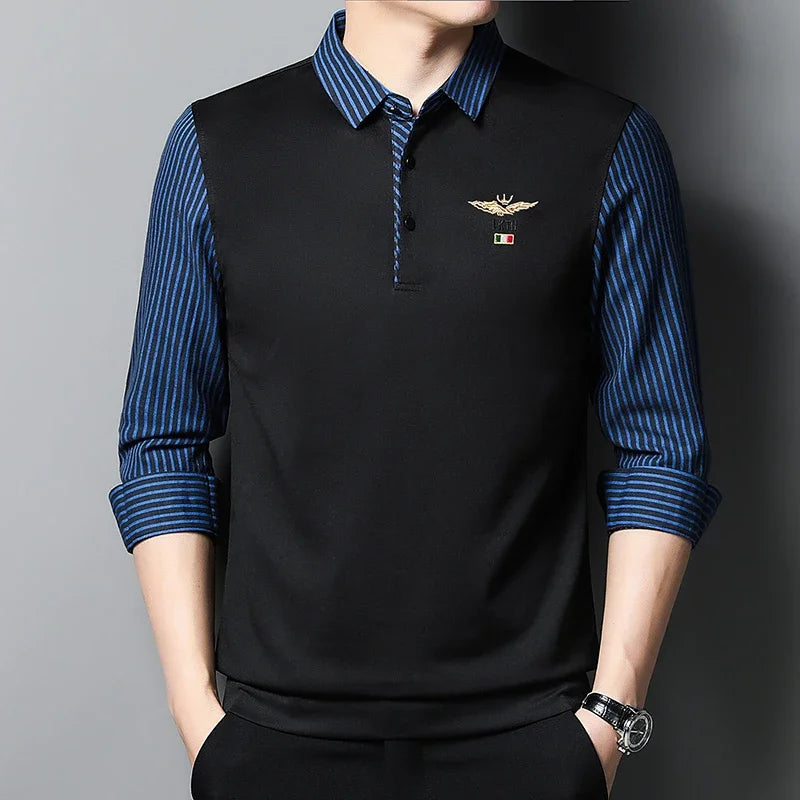 2025 New Men's Casual and Fashionable Long Sleeved POLO Shirt with Contrasting Print Anti Wrinkle Top