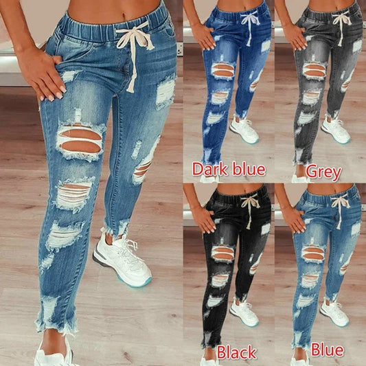 Calça Jeans Lápis Feminina com Elástico na Cintura e Cordão