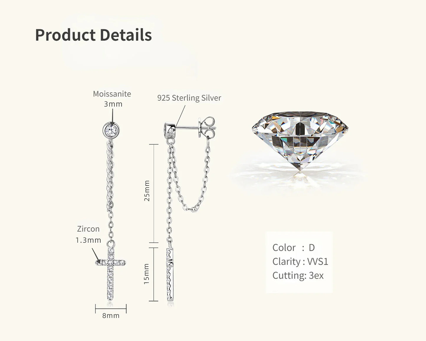 3mm Round Moissanite Diamond Cross-shaped Earrings for Women S925 Sterling Silver Earrings Wedding Party Fine Jewelry