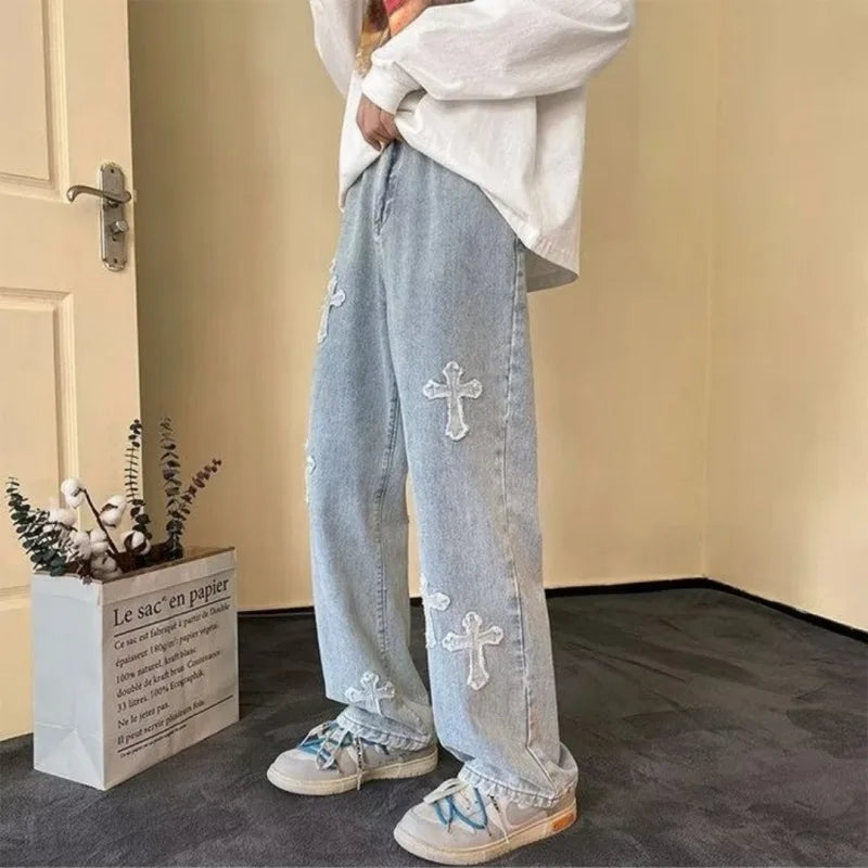 Calça Jeans Masculina Reta com Bordado Cruz Y2k, Calça Jeans Casual Vintage, Moda Versátil Streetwear Primavera Calça de Rua