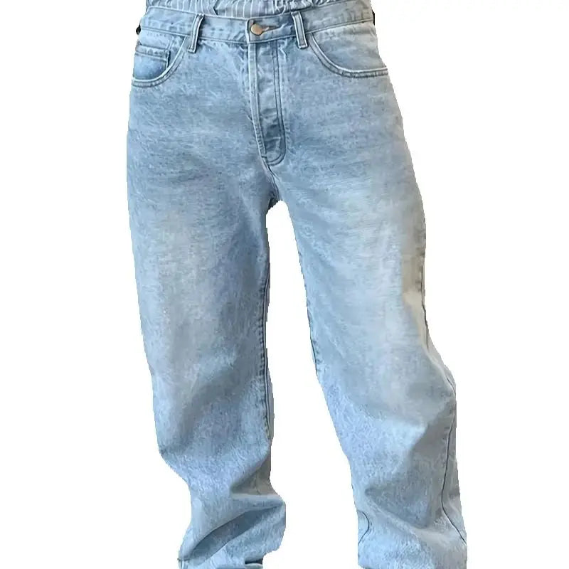 Men'S Vintage Washed Blue Loose Fit Jeans - Casual Straight Leg Denim Pants with Zipper Fly, All-Season Comfort, Mid Waist, Casu