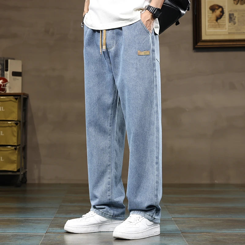 Calça Jeans Masculina Reta Azul Cinza Solta Y2K com Cordão Streetwear Casual Larga de Sarja Masculina Larga Estilosa Harajuku