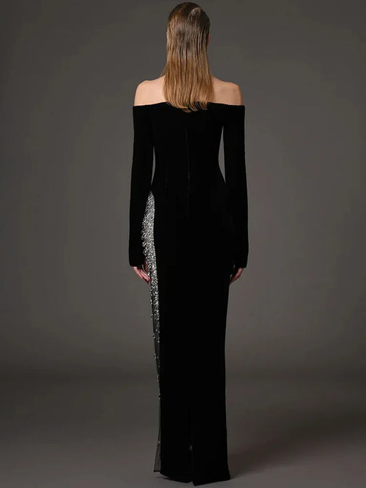 Designer Vestido Women's Diamonds Beaded Slash Neck Off The Shoulders Patchwork Gauze Long Maxi Dress