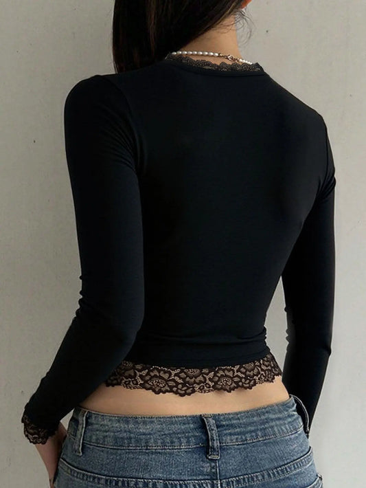 2000s Graphic T Shirt Vintage Fairy Grunge Women Autumn Lace Trim Long Sleeve Slim Fits Tops y2k Clothes Basic Harajuku Tees