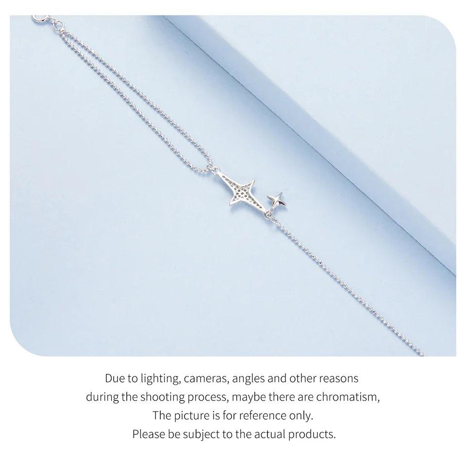 925 Sterling Silver Dainty Starlight White Gold Plated Stackable Bracelet for Women, Adjustable Link Chain CZ Bracelets