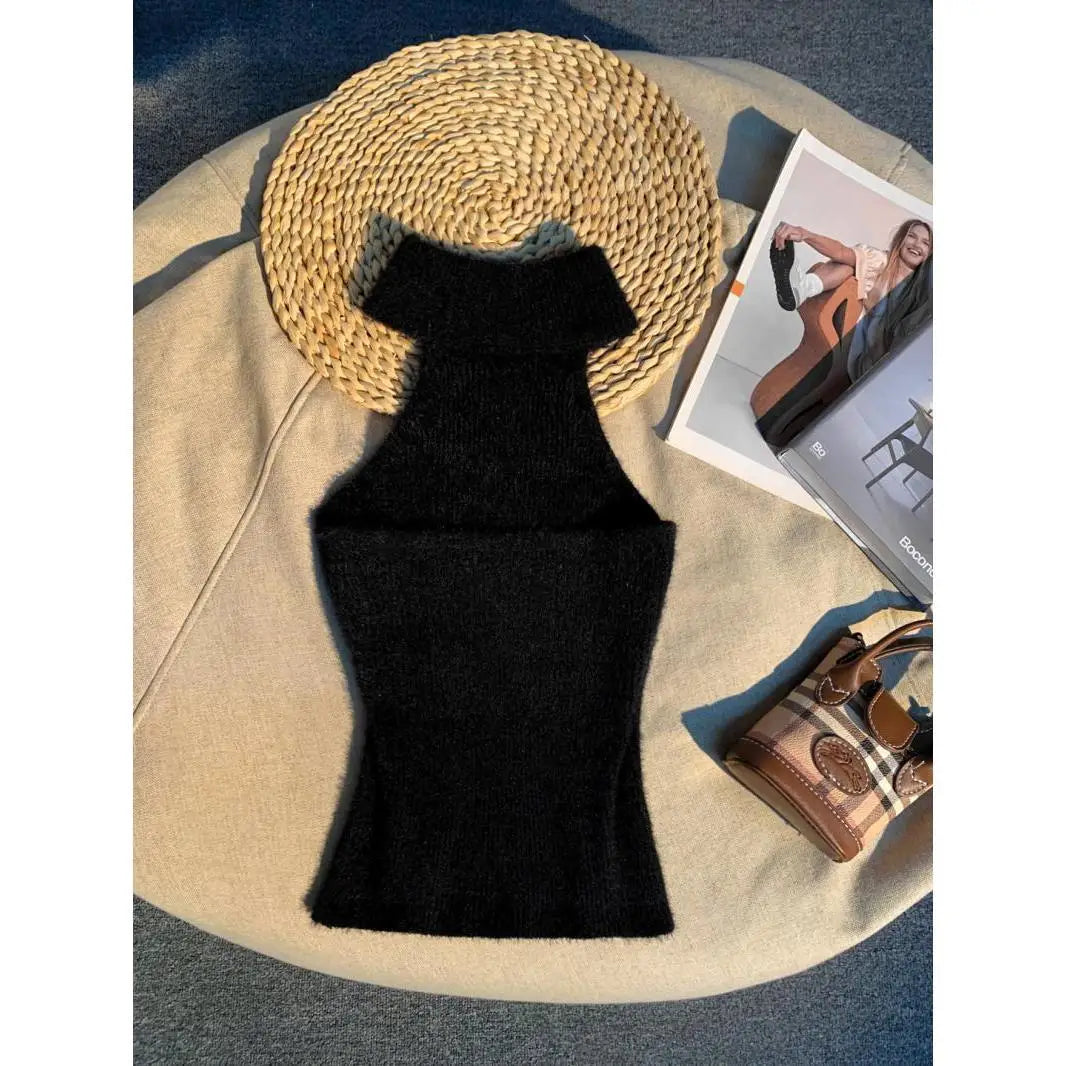 Spice Girl Hair Halter Neck Camisole Female Imitation Mink Inside Tank Top Autumn and Winter Design Sense Knitted Bandeau Top