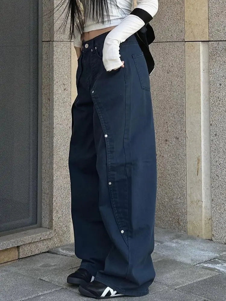 Jeans for Woman Y2k Clothes Relaxed Loose Fit Wide Leg Trousers Vintage American Retro Style with Rivet Patchwork Split Design