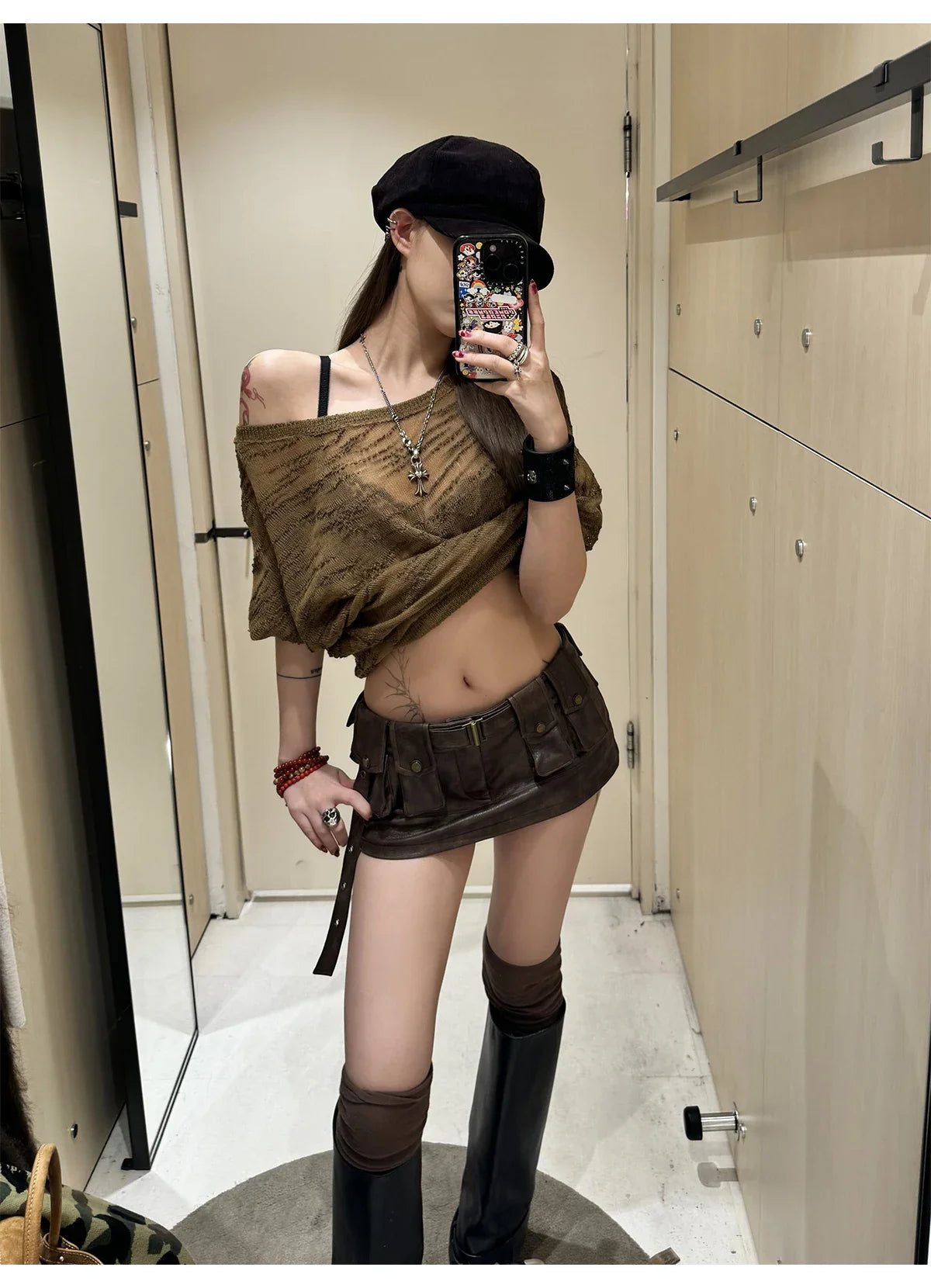 Spring Summer Cool Sexy Vintage Distressed Brown Pu Leather Mini Skirt Women Three-dimensional pockets Belt Streetwear