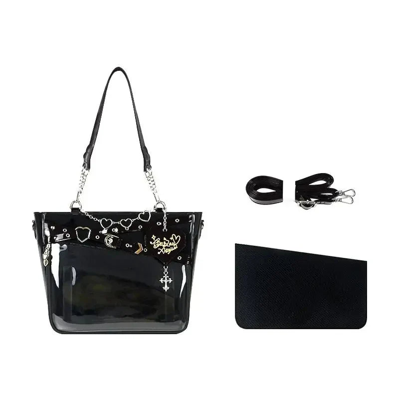 Y2k Aesthetic Underarm Ita Bag Streetwear Girl Transparent Shoulder Bag Heart Shape Chic Chain Handbag DIY Display Crossbody Bag