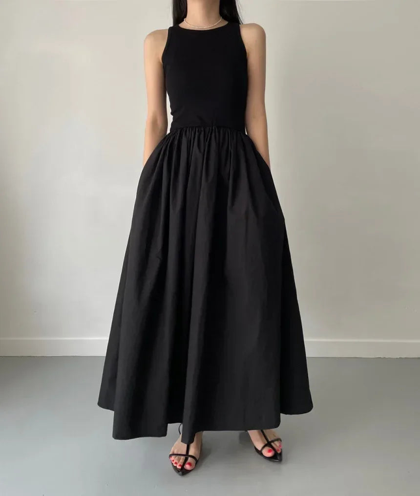 Simple Elegant Black Long Dresses For Women Round Neck Sleeveless High Waist Temperament Female Fashion Style Dress