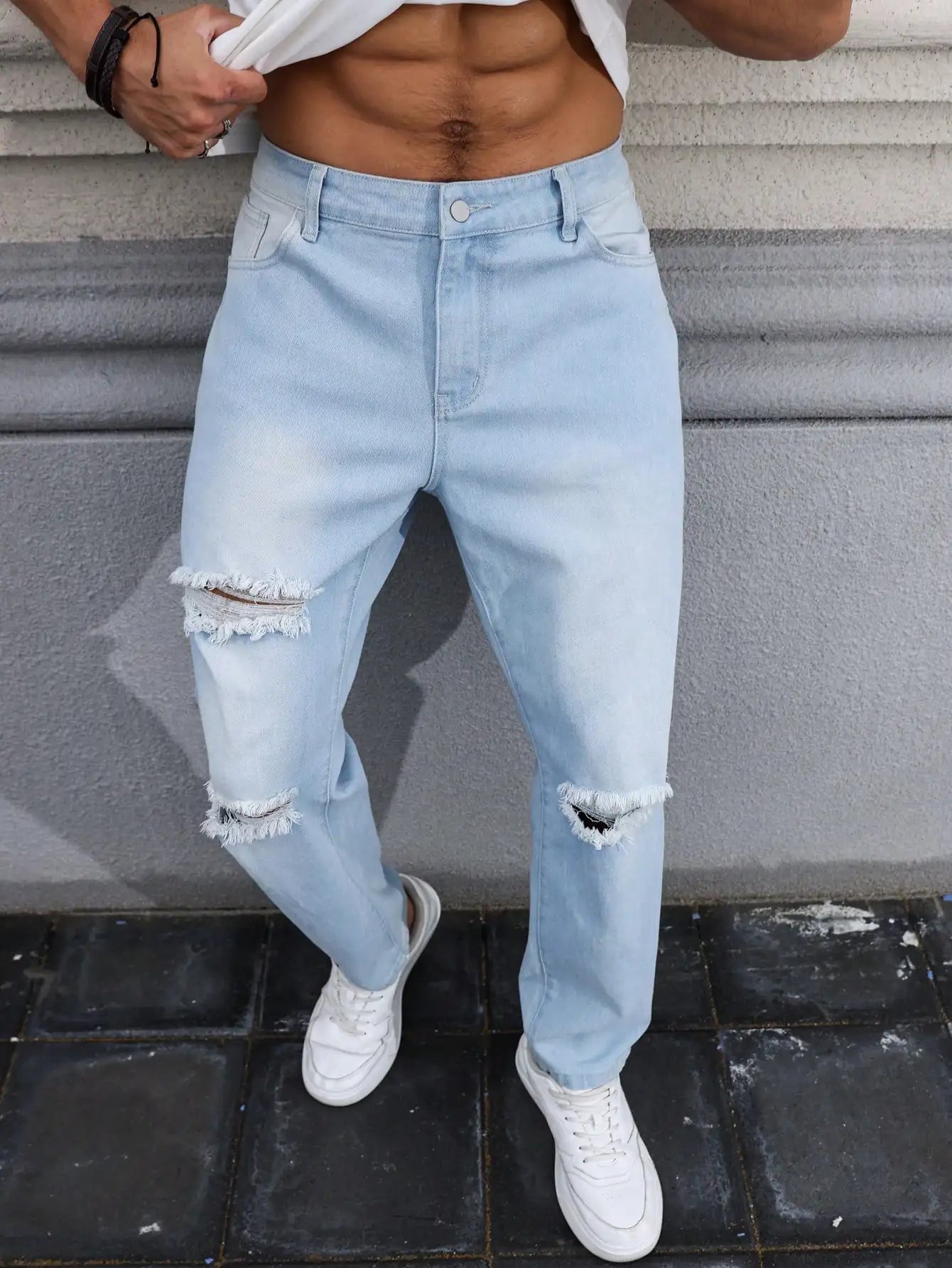 Calça Jeans Masculina Rasgada Azul Claro para Primavera e Outono. Calça Jeans Casual. Rasgada Estilo Urbano Casual Diário