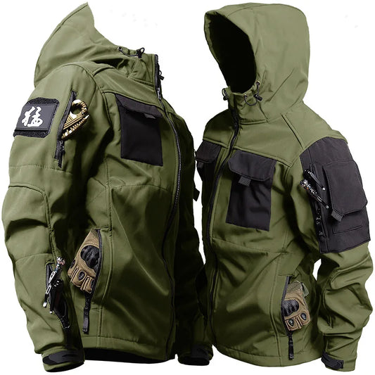 Outdoor Tactical Set Men Military Multi-pocket Hooded Work Jacket+Windproof Waterproof Fleece Cargo Pants Winter Sharkskin Suit