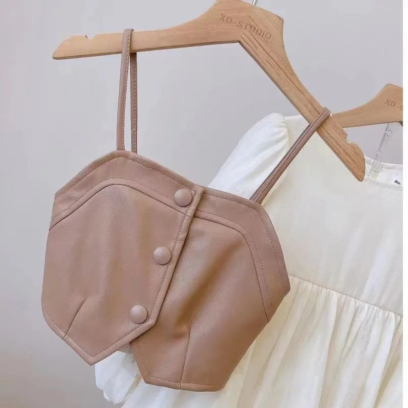 Spring Autumn Girls Dress Set Long Sleeve Children's Retro PU Leather Vest Dress Set Teenage Girls Clothing Suit 4 6 8 12Y
