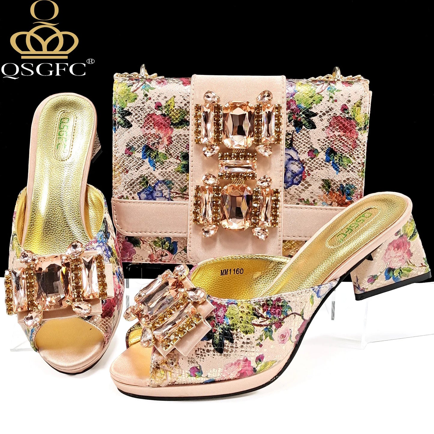Italian Sandals and Bags Matching Set 2026 Women Heel Party for Rose Gold Colour Wedding Bigger Size Thick Heel Shoes