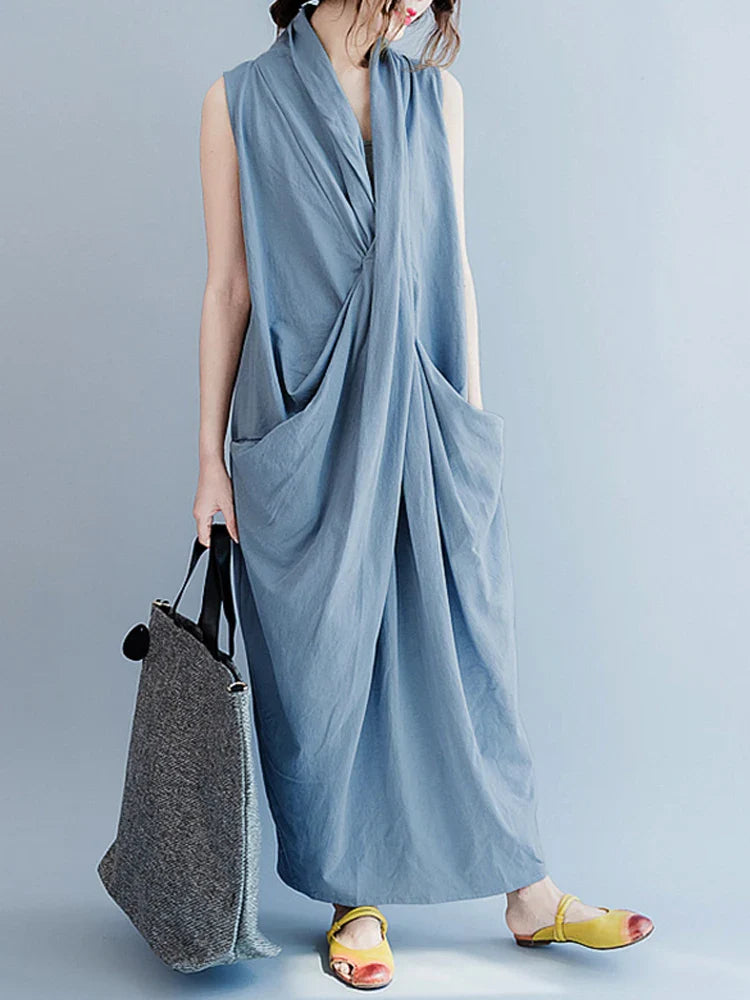 Oversize Asymmetrical Maxi Dress Women's Summer 2025 Holiday Sundress Female V Neck Draped Vestidos Rayon Robes Femme
