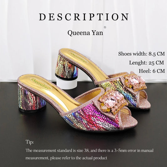 Fashion Mature Brushed Style Rainbow Color Rhinestone Decoration Design Party Wedding Lady High Heels and Bag Set