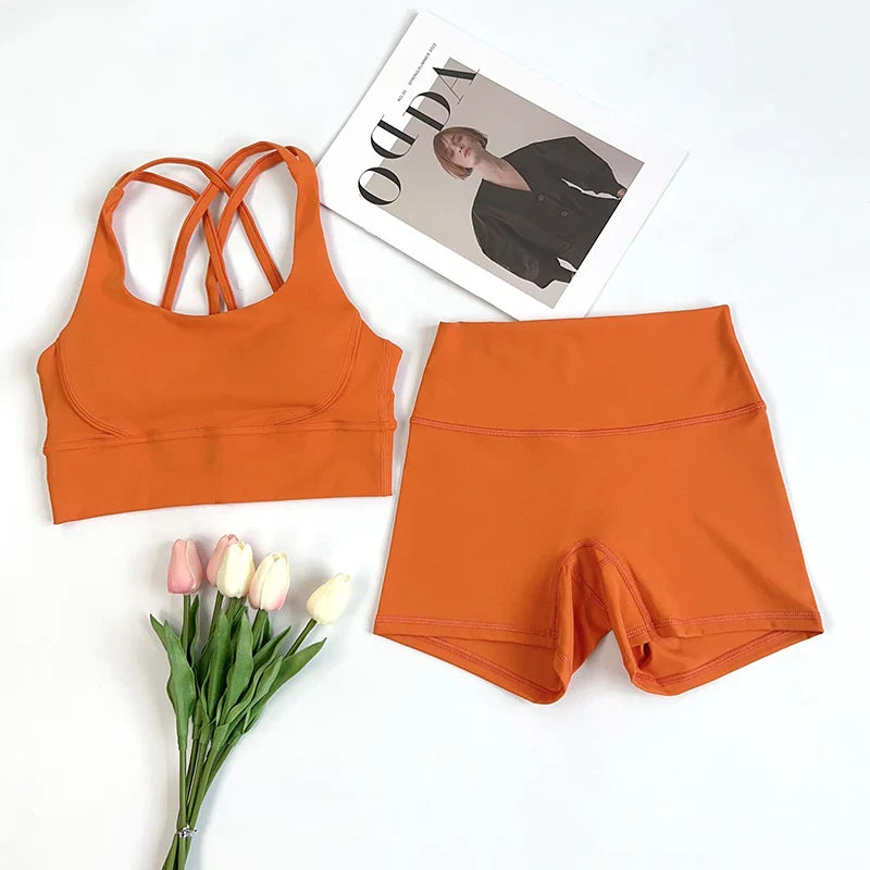 2Pcs Yoga Sets Naked Feel Gym Set Women Workout Clothes High Waist Yoga Shorts And Strappy Sports Bra Short Sets Summer