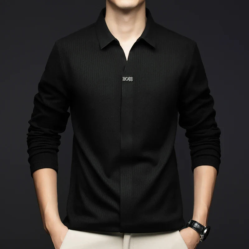 Men's Business Casual Solid Color Stretch V-neck POLO Shirt Daily Commute Striped Sweater for Fall 2024.