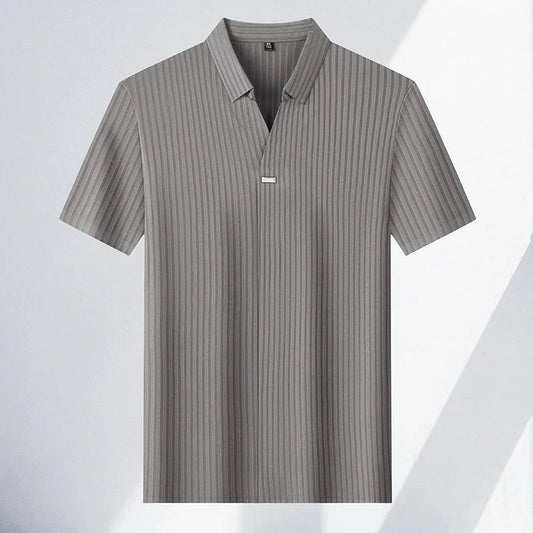 High quality personality texture stripe short sleeve polo shirt summer ice silk breathable buttonless men's solid color T-shirt