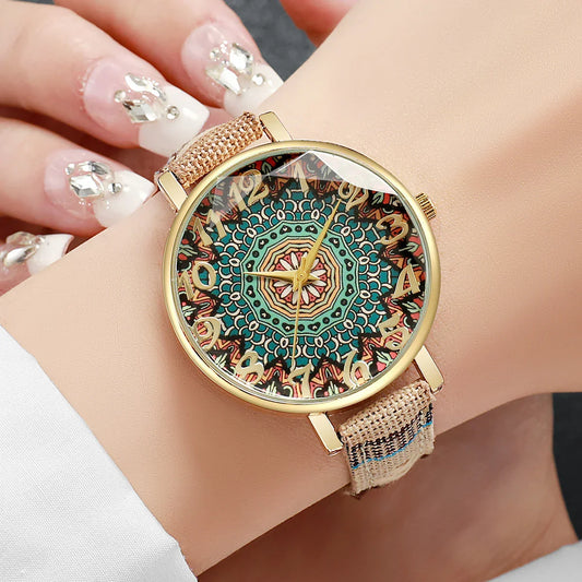 1/2/3/5PCS Fashion Women Watches Vintage Flowers Printed PU Strap Quartz Watch for Women Clock Gift Reloj Mujer(Without Box)