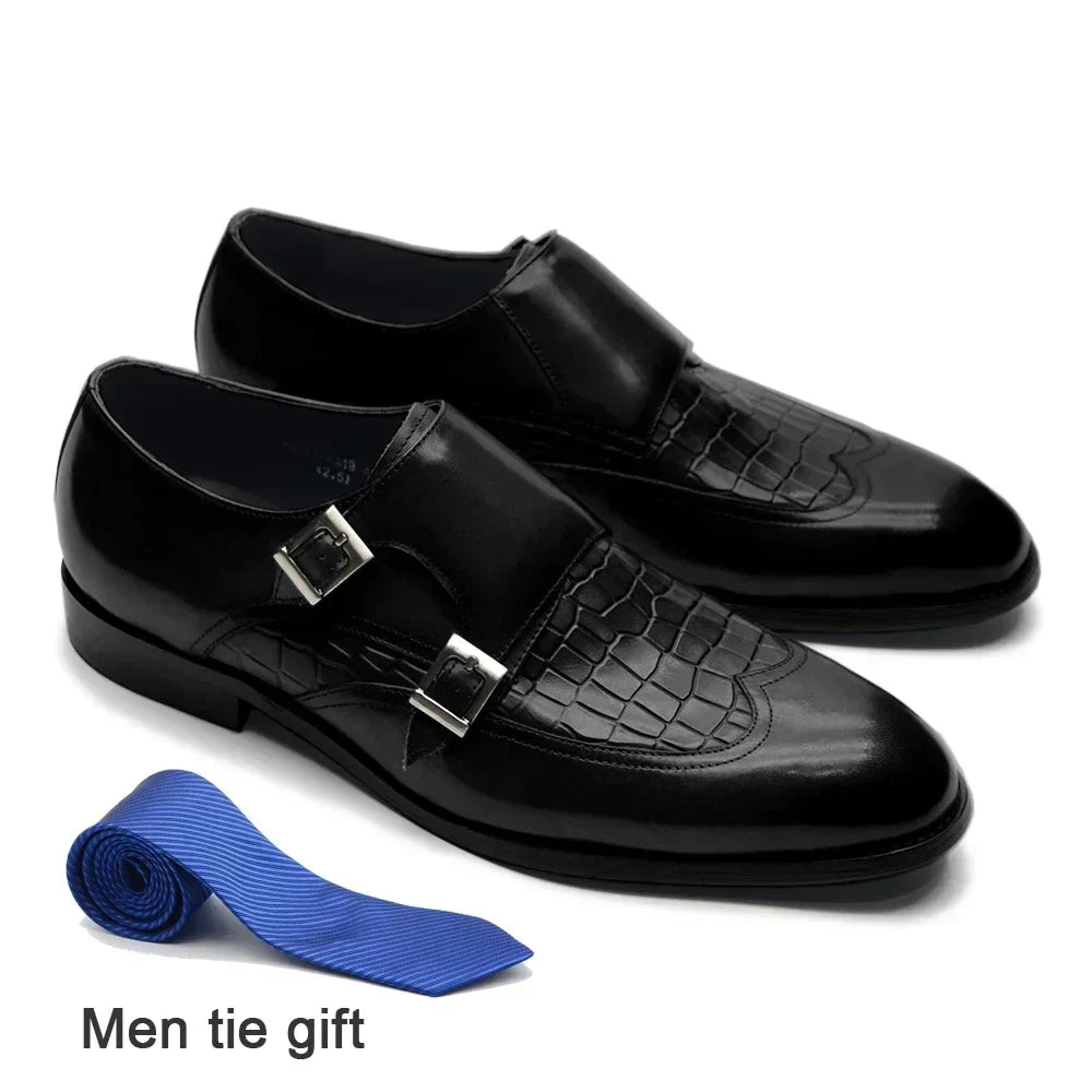 Classic Men's Genuine Leather Dress Shoes Double Buckle Monk Strap Wingtip Crocodile Print Business Office Formal Footwear Man