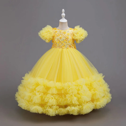 Girls Summer Yellow Sequin Wedding Dresses Wedding Dresses Tulle Carnival Outfits Girls Birthday Party Dresses Girls Ceremony Ou