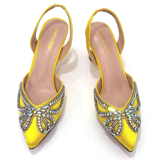 Yellow Classy Bowknot Pointed Toe Women's Shoes High Heel Elegant Sandals Shallow Mouth Shoes Bag Set Women