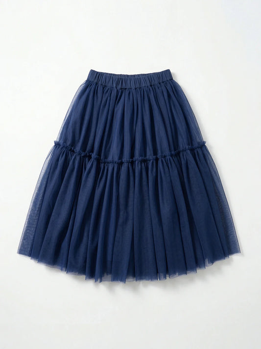 2026 Spring High Waist A-line Puff Half length Skirt Versatile Mid length Retro Blues Mesh Skirt 265398