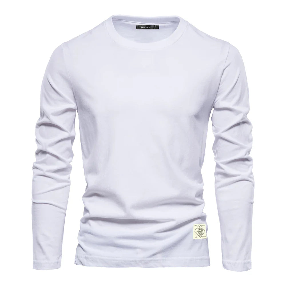 Camiseta Masculina Manga Longa 100% Algodão Lisa Primavera Casual Camisetas Masculinas de Alta Qualidade Masculino Tops Clássicos Camisetas Masculinas