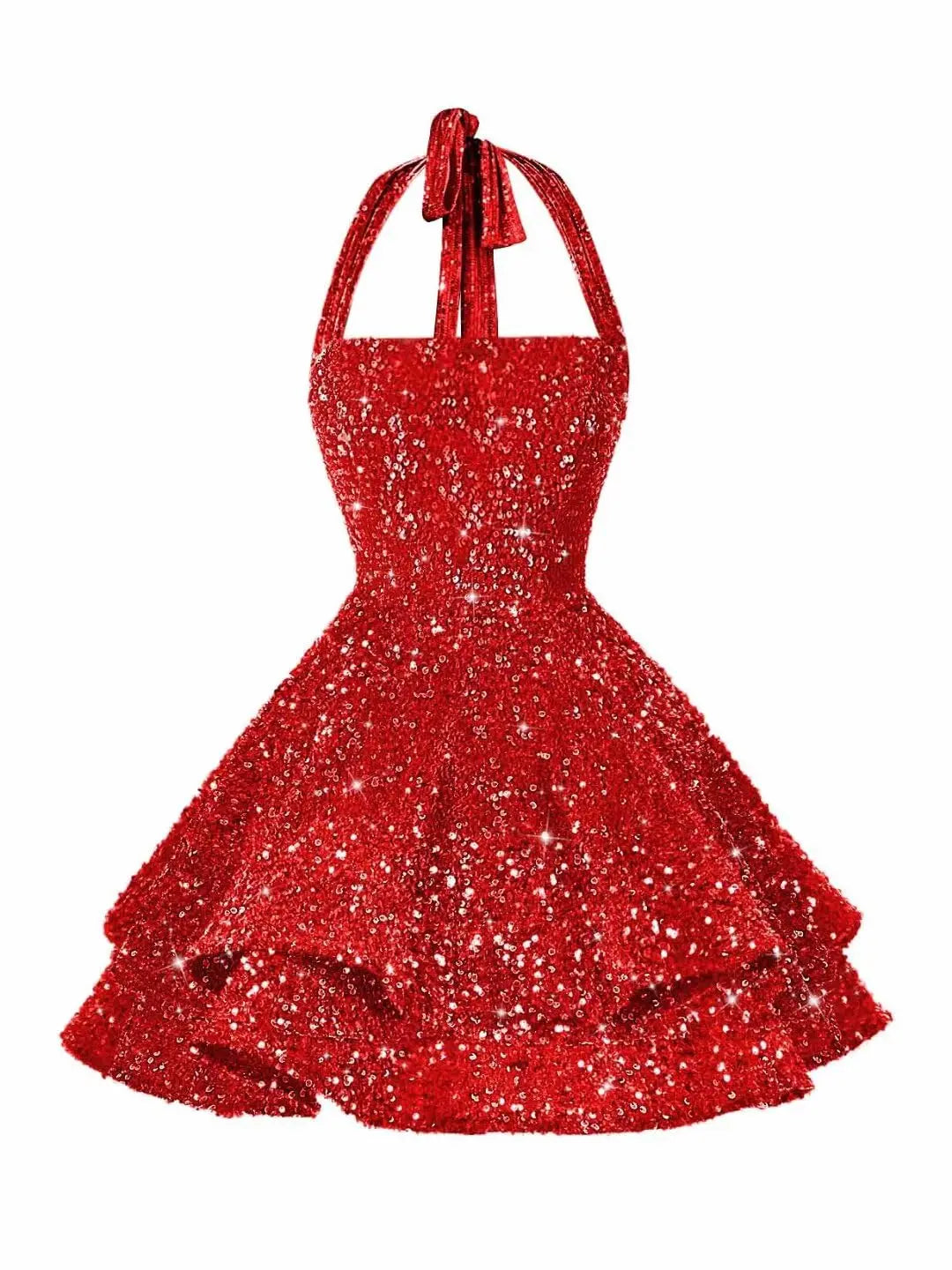 Sequin Short Homecoming Dress for Teens Short Prom Dresses Halter Neck Sparkly Tiered Cocktail Party Gowns