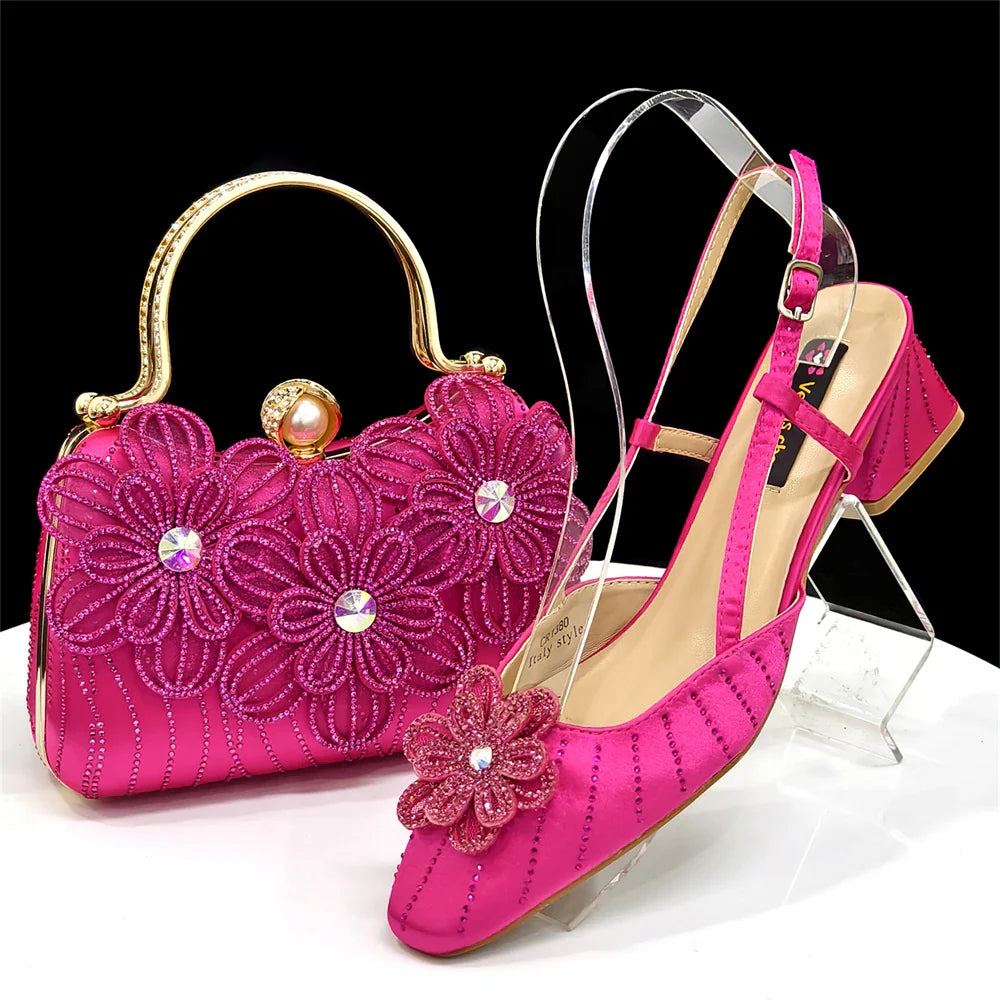 Elegant Italian Women's Blue Color Rhinestone Heels with Floral Design & Matching Clutch Bag Set - Perfect for Parties