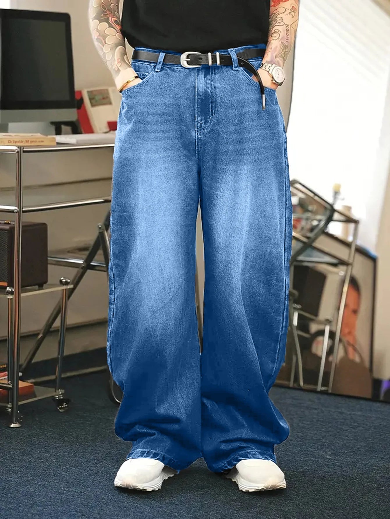 1Pc Men's Daily Travel Casual American Street Loose Jeans, Black, Light Blue, Sea Blue Fashion Street Style Retro Lantern Jeans Denim Pants