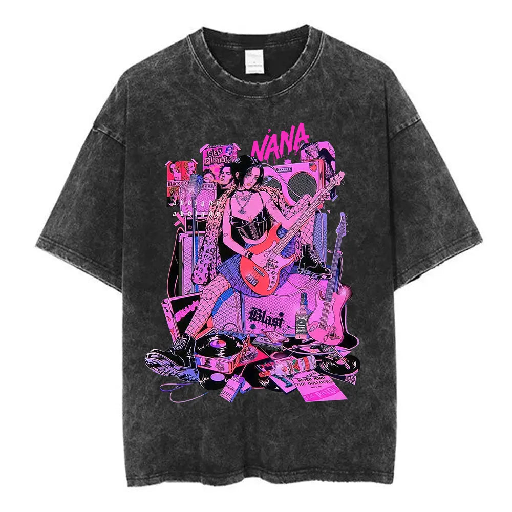 Nana Osaki Japanese Anime Vintage Washed T-shirt Men's Women Clothing Harajuku Short Sleeve T-shirts 100% Cotton Casual T Shirts