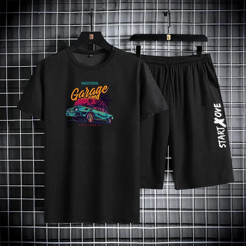 2025 Summer Outdoor Sports Suit Men's Short-sleeved Shorts Casual Fashion Two-piece Set Breathable Quick-drying Fitness Clothes