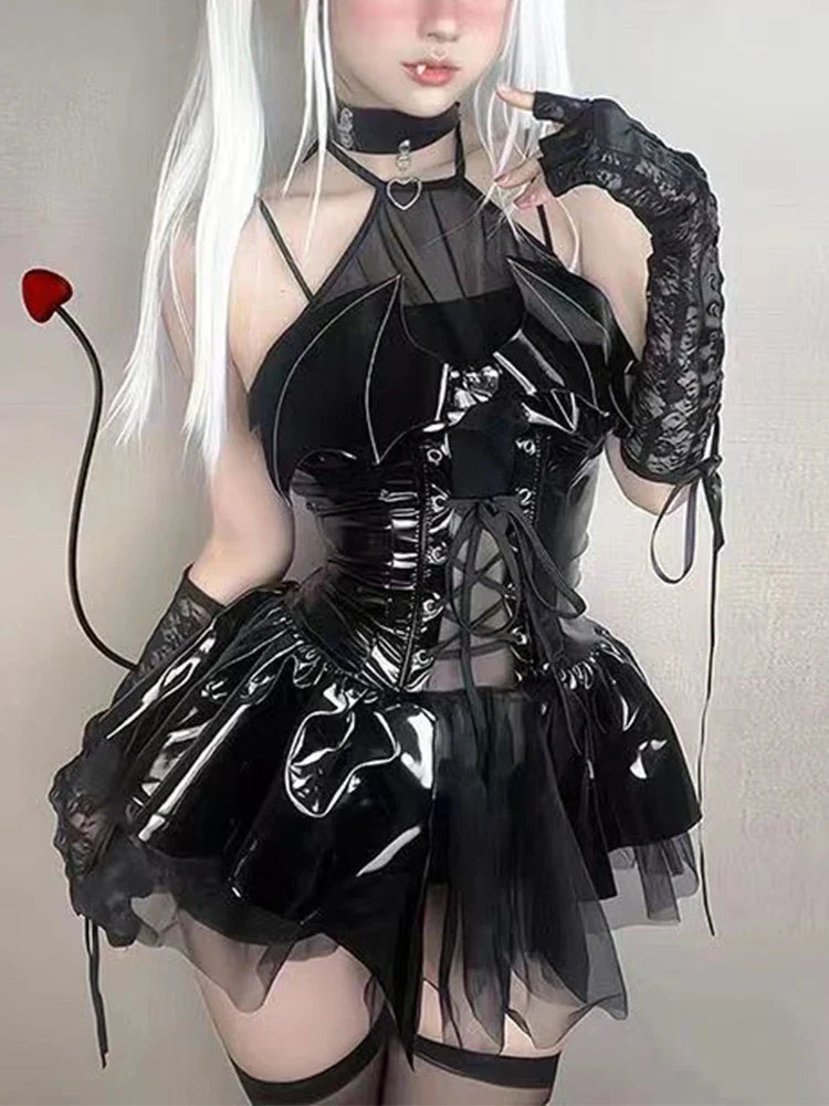 Dress Women Harajuku Streetwear Grunge Bandage Hollow Out Bats Dress Punk Y2k E-girl Mall Gothic Clothes