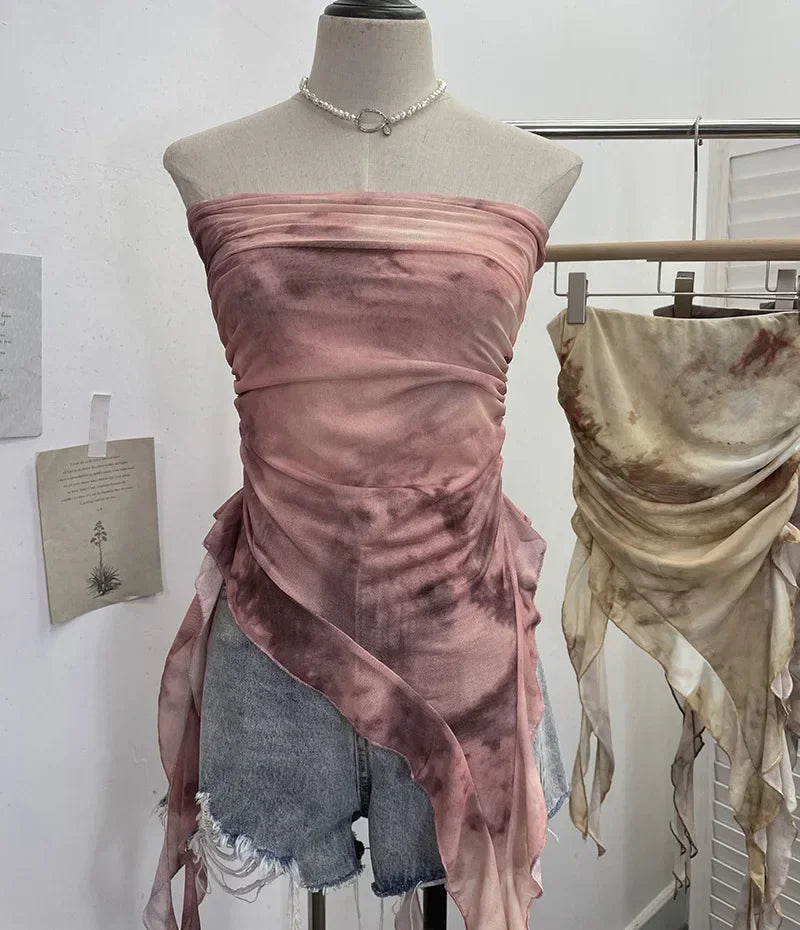 Tie Dye Summer Tops for Women Y2K Strapless Sleeveless Asymmetrical Ruffle Fishtail Ruched Stretch Mesh Vintage Clothes