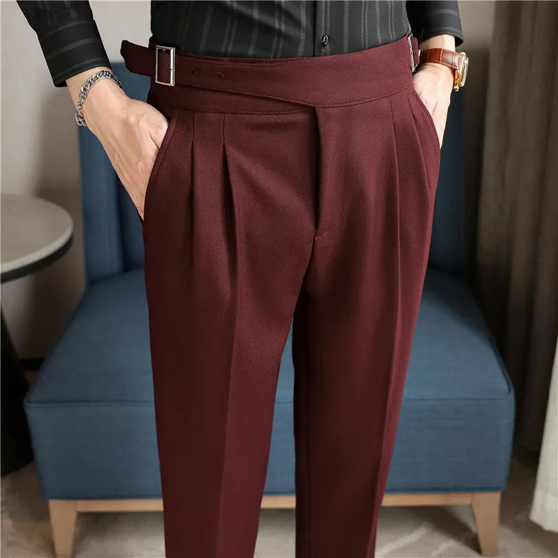 Luxury Men's Slim High-Rise Dress Pants - Heavyweight Subtle Stripe with 3D Pleats & Naples Tailoring