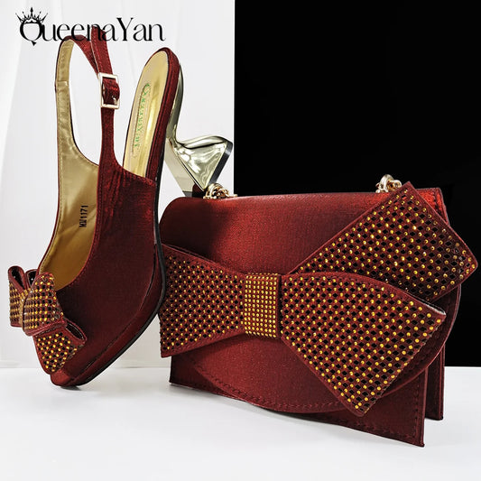 Elegant Women High Heels for Peep Toe Good Material Rhinestone Wine Sandals Italian Design Shoes and Bags Matching