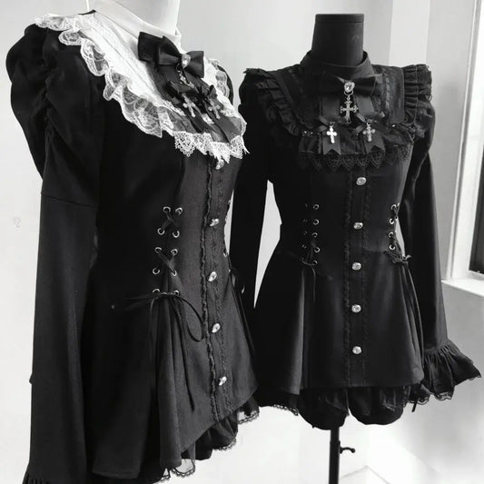 Y2k Aesthetic Lolita Style Bow Dress Shorts Set Japanese Women Gothic Lace Flare Sleeve Button Shirt Dress Punk Party Mini Dress