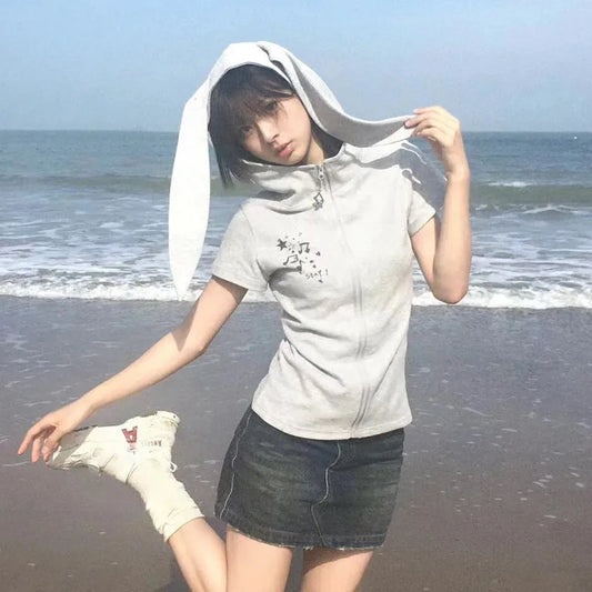 Japanese Y2k Hooded T-shirt Vintage 2000s Style Rabbit Ears Zipper Tops Harajuku Short Sleeve Thin Jacket Korean Popular