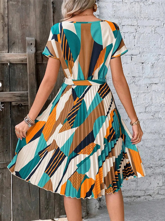 Elegant Print Lace-up Dress Summer Women Round Neck Pleated Medium Long Dress
