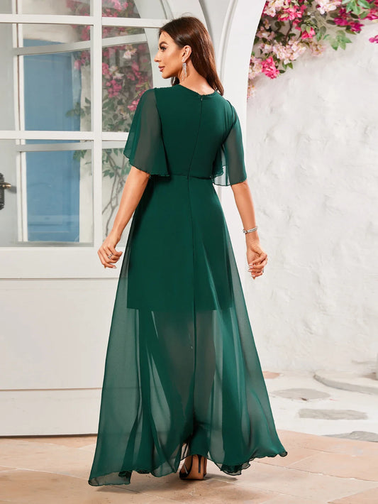 Embroidery Lace Butterfly Sleeve Back Split Long Dress With Keyhole Neckline And Waistband Bridesmaid Dress