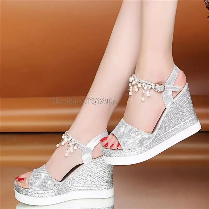 Girls Sandals Summer New Women Pump Fashion Rhinestone Platform Wedge Casual Female 10cm Ladies High Heels Shoes