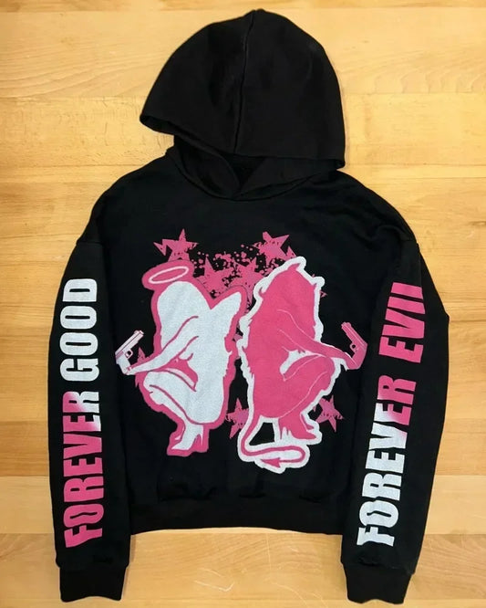 Mens Black Hooded Graphic Hoodie Horror Character Print Thriller Style Streetwear Unique Creative Design Express Individuality